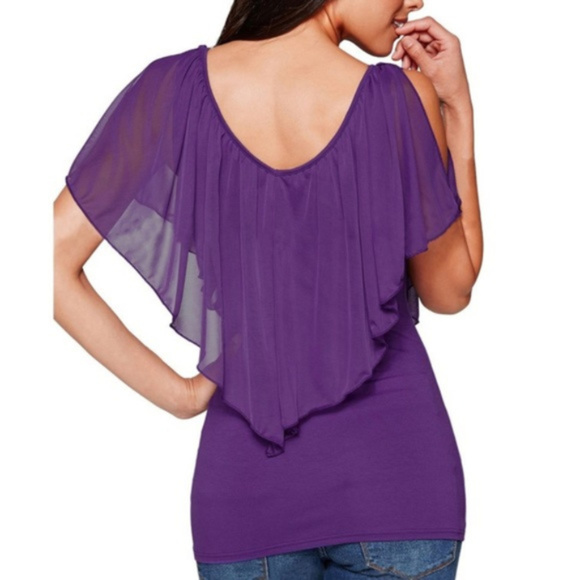 Blue Sleeveless Ruffle Off-Open-Cold-Shoulder Top - Picture 2 of 8